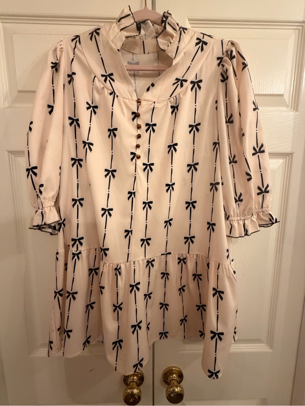 Cream Bow Print Ruffled Dress